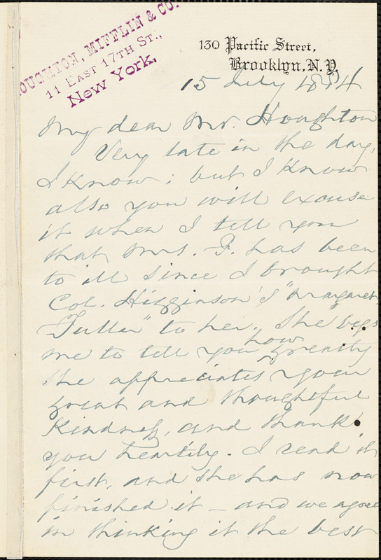 Frederick A. Farley autograph letter signed to Houghton, Mifflin & Co., Brooklyn, 15 July 1884