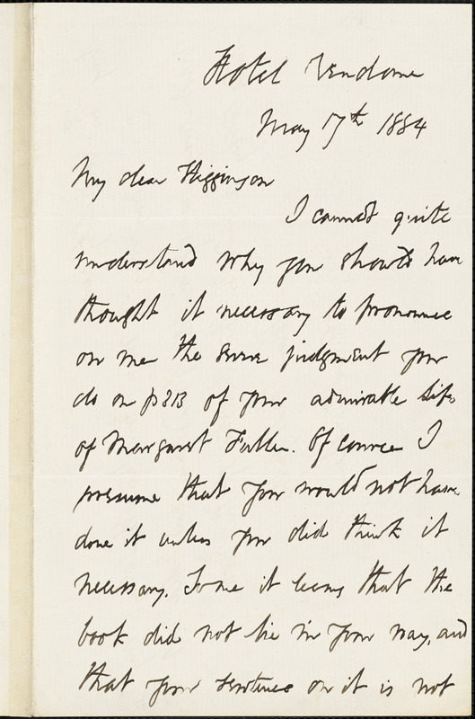Octavius Brooks Frothingham autograph letter signed to Thomas Wentworth Higginson, Boston, Mass., 17 May 1884