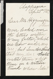Gabrielle Greeley autograph letter signed to Thomas Wentworth Higginson, Chappaqua, N. Y., 25 September 1883