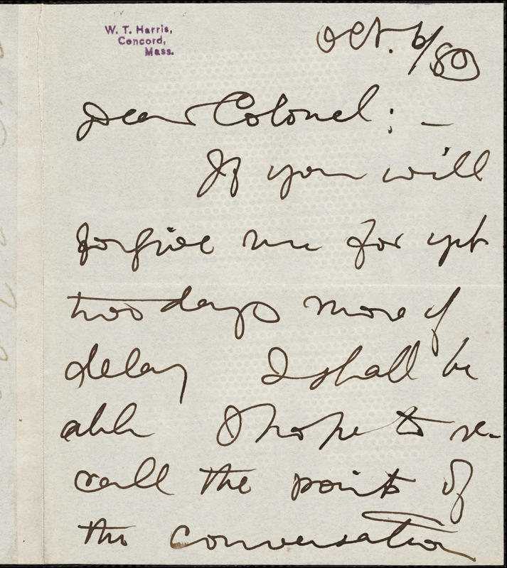 William Torrey Harris autograph note signed to Thomas Wentworth Higginson, Concord, Mass., 6 October 1883
