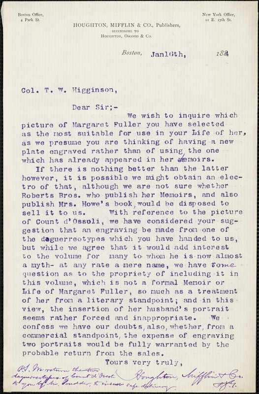 Houghton, Mifflin, & Co. typed letter signed to Thomas Wentworth Higginson, Boston, Mass., 16 January 1884