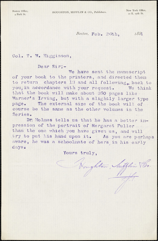 Houghton, Mifflin, & Co. typed letter signed to Thomas Wentworth Higginson, Boston, Mass., 26 February 1884