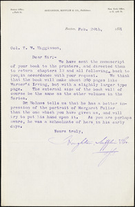 Houghton, Mifflin, & Co. typed letter signed to Thomas Wentworth Higginson, Boston, Mass., 26 February 1884