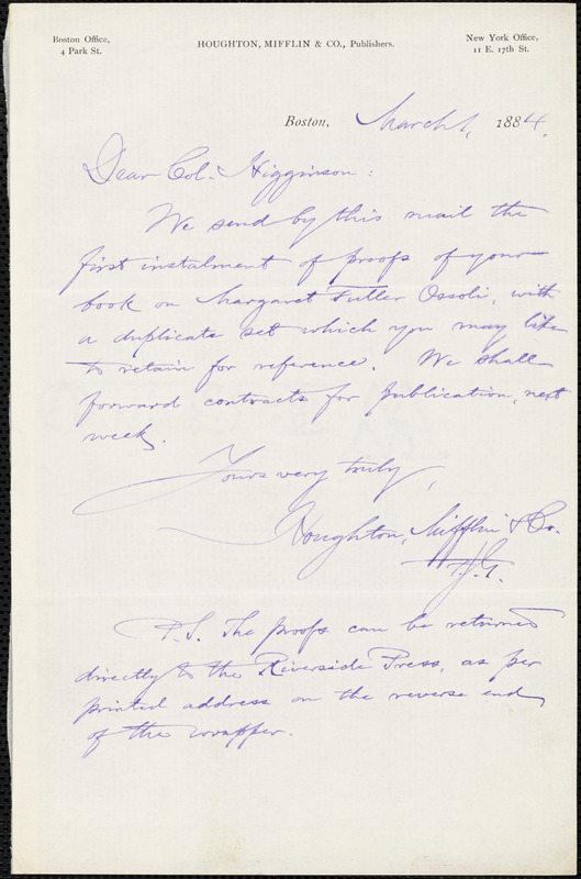 Houghton, Mifflin, & Co. manuscript letters to Thomas Wentworth Higginson, Boston, Mass., 1 March 1884