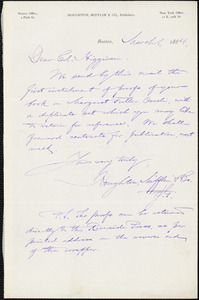 Houghton, Mifflin, & Co. manuscript letters to Thomas Wentworth Higginson, Boston, Mass., 1 March 1884
