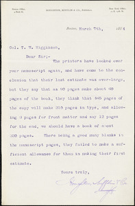 Houghton, Mifflin, & Co. typed letter signed to Thomas Wentworth Higginson, Boston, Mass., 7 March 1884