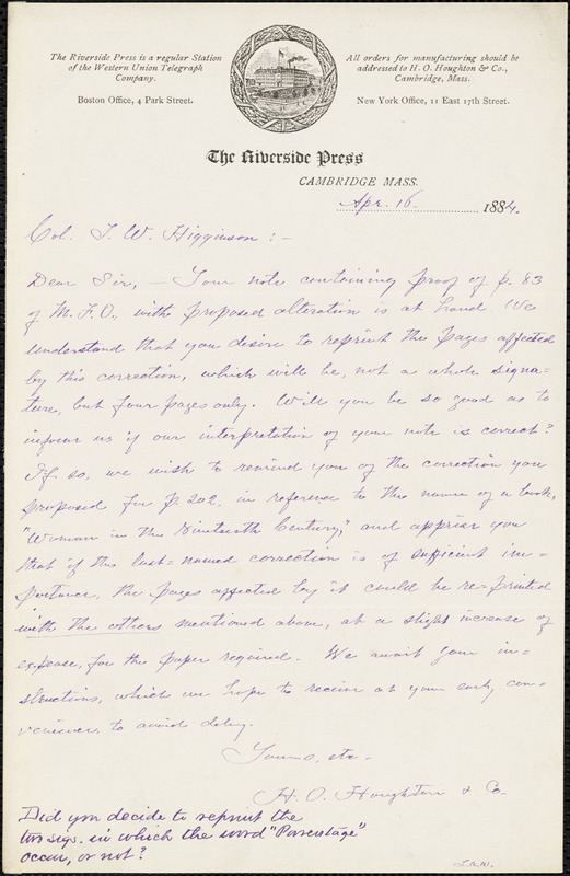 Houghton, Mifflin, & Co. typed letter signed to Thomas Wentworth Higginson, Cambridge, Mass., 16 April 1884