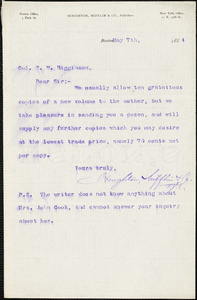 Houghton, Mifflin, & Co. typed letter signed to Thomas Wentworth Higginson, Boston, Mass., 7 May 1884