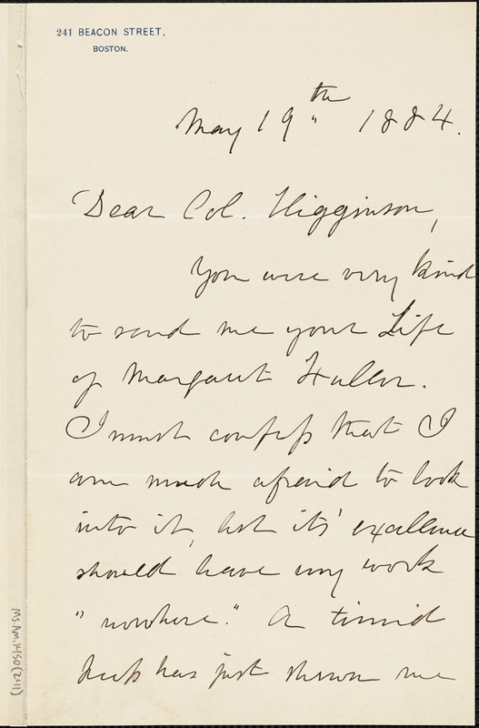 Julia Ward Howe autograph letter signed to Thomas Wentworth Higginson, Boston, Mass., 19 May 1884