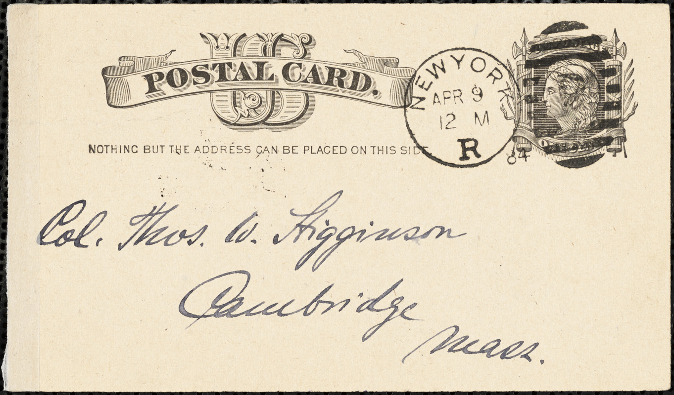 Karl Knortz autograph note signed to Thomas Wentworth Higginson, New York, N. Y., 9 April 1884
