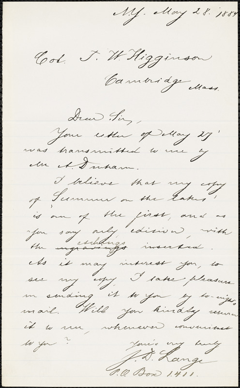 J. D. Lange autograph note signed to Thomas Wentworth Higginson, New York, N. Y., 28 May 1884