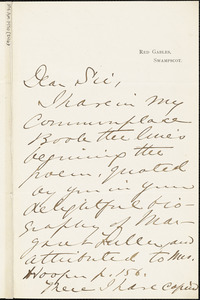 Grace Atkinson Oliver autograph letter signed to Thomas Wentworth Higginson, Swampscot, Mass., 29 May 1884