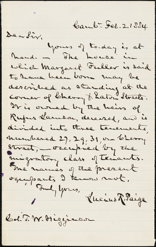 Lucius R. Paige autograph note signed to Thomas Wentworth Higginson, Cambridge, Mass., 21 February 1884