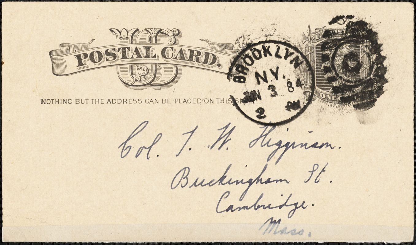 A. W. R. autograph note signed to Thomas Wentworth Higginson, Brooklyn, 3 June 1884