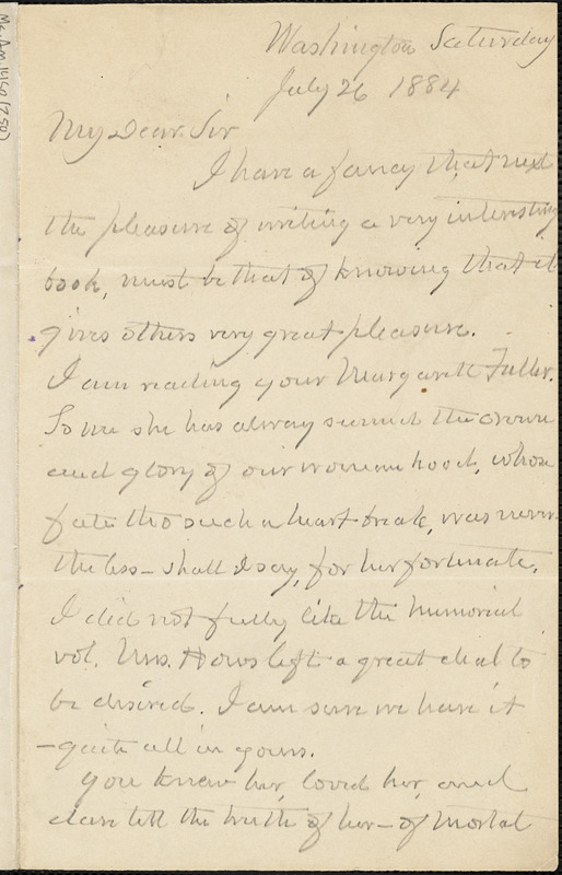 Albert Gallatin Riddle autograph letter signed to Thomas Wentworth Higginson, Washington, D. C., 26 July 1884