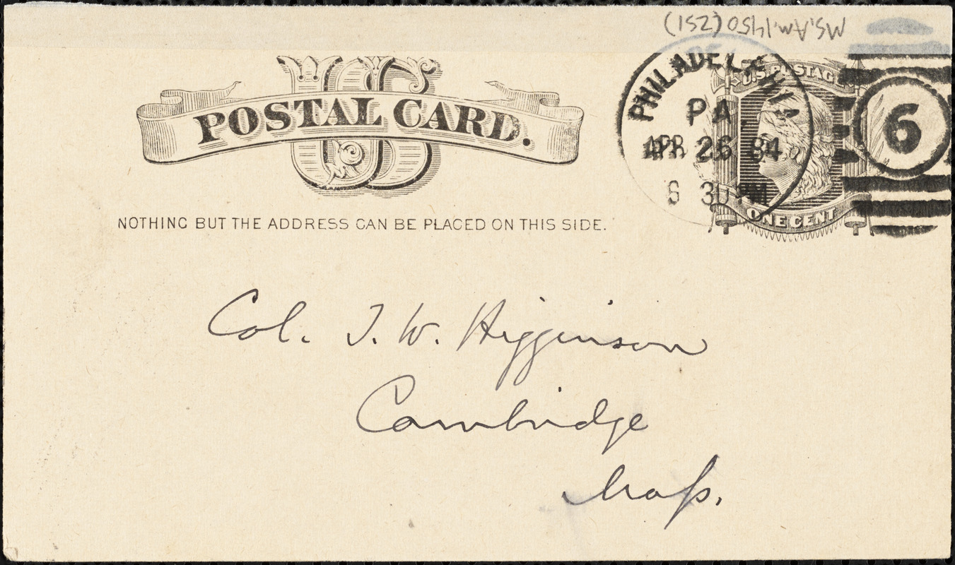 J. S. Rosengarten autograph note signed to Thomas Wentworth Higginson, Philadelphia, 26 April 1884