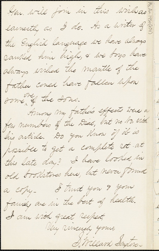 S. Willard Saxton autograph letter signed to Thomas Wentworth Higginson, Washington, D.C., 10 July 1884