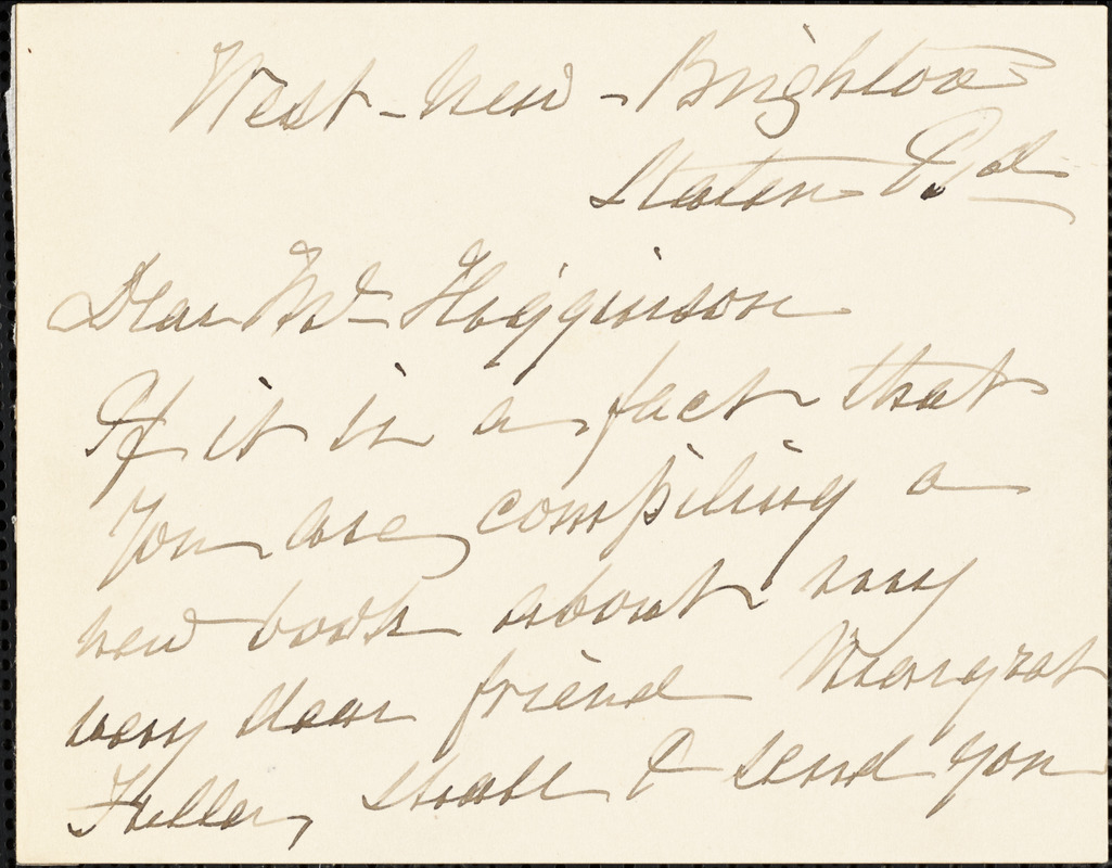 Sarah B. Shaw autograph note signed to Thomas Wentworth Higginson, Staten Island, N. Y., 9 May 1884