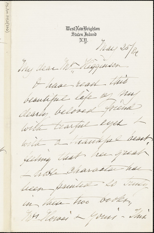 Sarah B. Shaw autograph note signed to Thomas Wentworth Higginson, Staten Island, N. Y., 25 May 1884