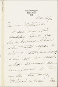 Sarah B. Shaw autograph note signed to Thomas Wentworth Higginson, Staten Island, N. Y., 25 May 1884