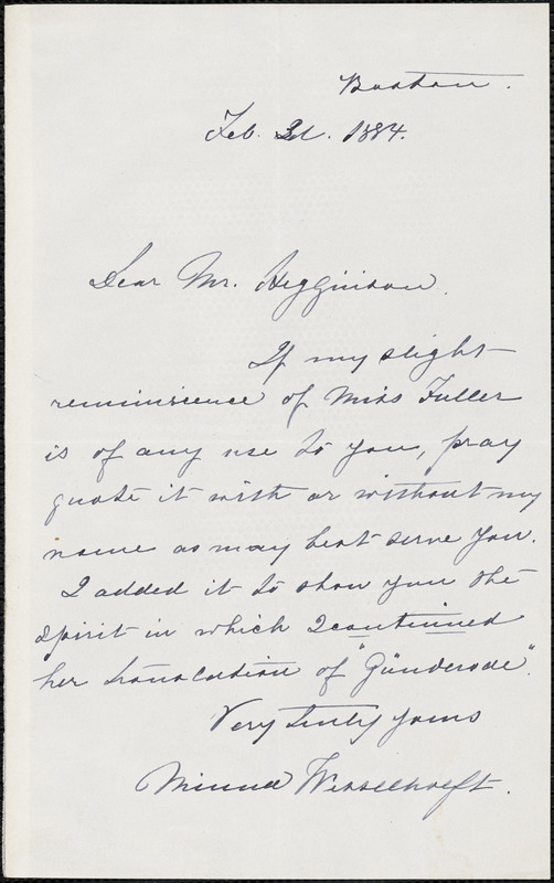 Mary Wesselhoeft autograph letter signed to Thomas Wentworth Higginson, Boston, 3 February 1884