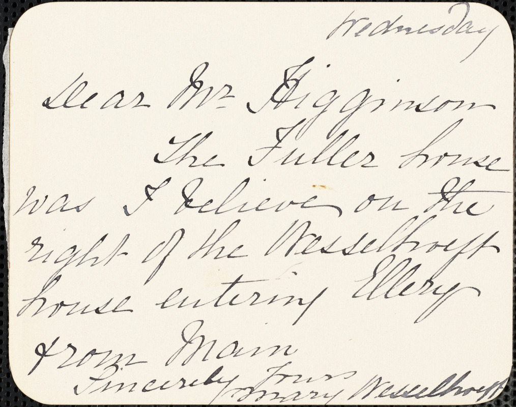 Mary Wesselhoeft autograph note signed to Thomas Wentworth Higginson, 188-?