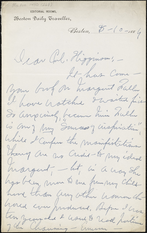 Lilian Whiting autograph letter signed to Thomas Wentworth Higginson, Boston, Mass., 10 May 1884