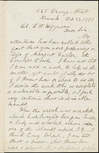 Alexander Wilder autograph letter signed to Thomas Wentworth Higginson, Newark, N. J., 27 October 1883