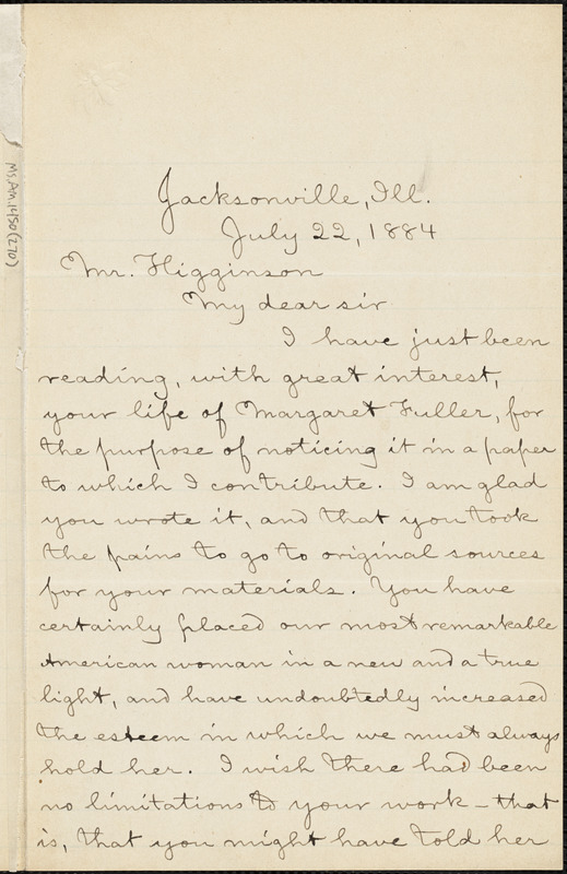 John H. Woods autograph letter signed to Thomas Wentworth Higginson, Jacksonville, Ill., 22 July 1884
