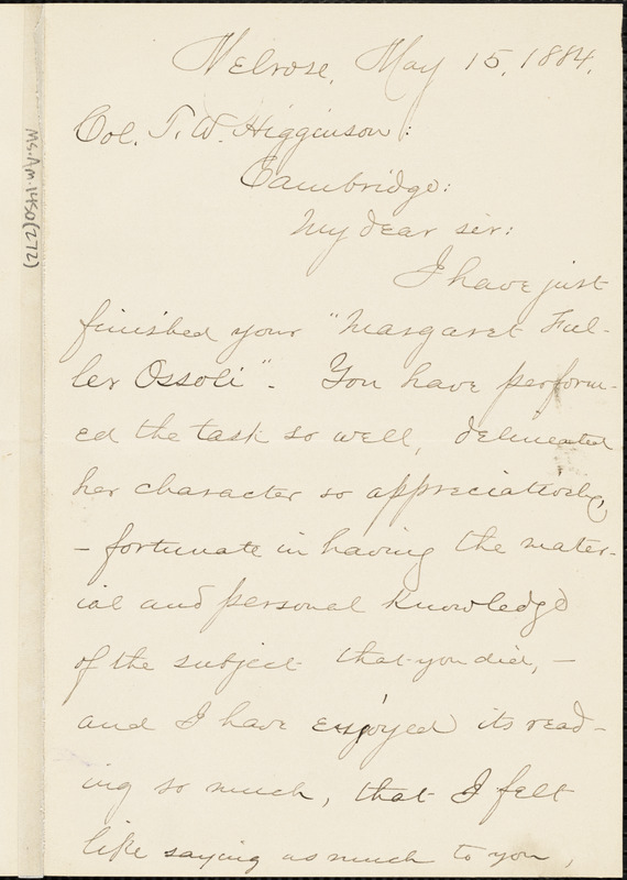 Elbridge Henry Goss autograph letter signed to Thomas Wentworth Higginson, Melrose, Mass., 15 May 1884