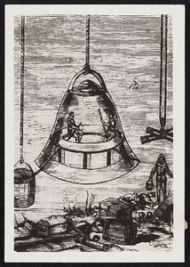 Drawing showing seventeenth century type of diving equipment, for comparison with the present-day ultra-modern devices.