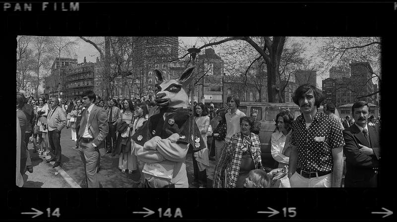 Kangaroo-suited demonstrator at animal-rights rally on Common, Boston