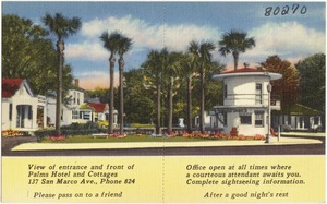 View of entrance and front of Palms Hotel and Cottages, 137 San Marco Ave., phone 824