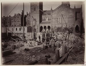 Foundation work at the corner of Boylston and Dartmouth Streets, construction of the McKim Building