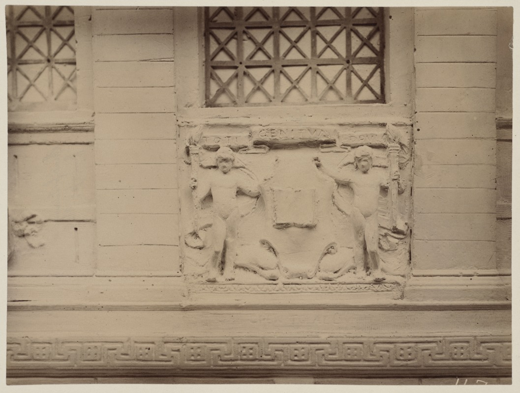 Depiction of Boston Public Library seal on plaster model of the McKim Building