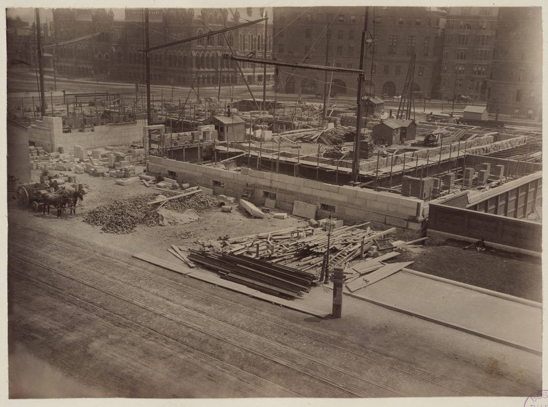 Site from Boylston Street, construction of the McKim Building