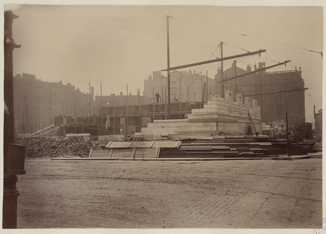 Construction at the corner of Dartmouth and Boylston Streets, construction of the McKim Building