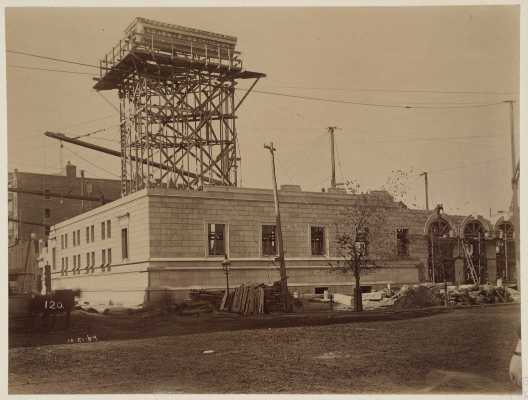 Mock-up of cornice on scaffolding, construction of the McKim Building.