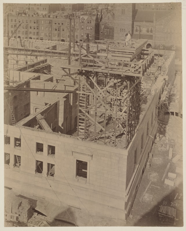 Mock-up of cornice on scaffolding, construction of the McKim Building.