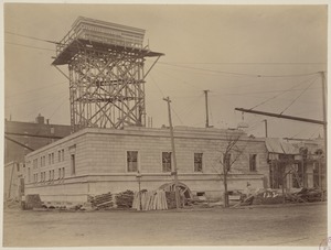 Mock-up of cornice on scaffolding, construction of the McKim Building.