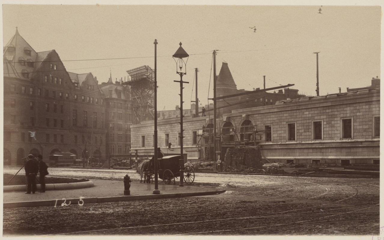 Mock-up of cornice on scaffolding, construction of the McKim Building.