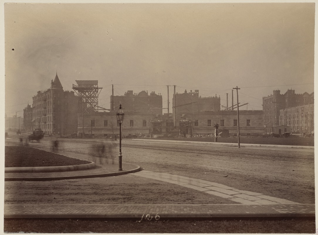 Mock-up of cornice on scaffolding, construction of the McKim Building.