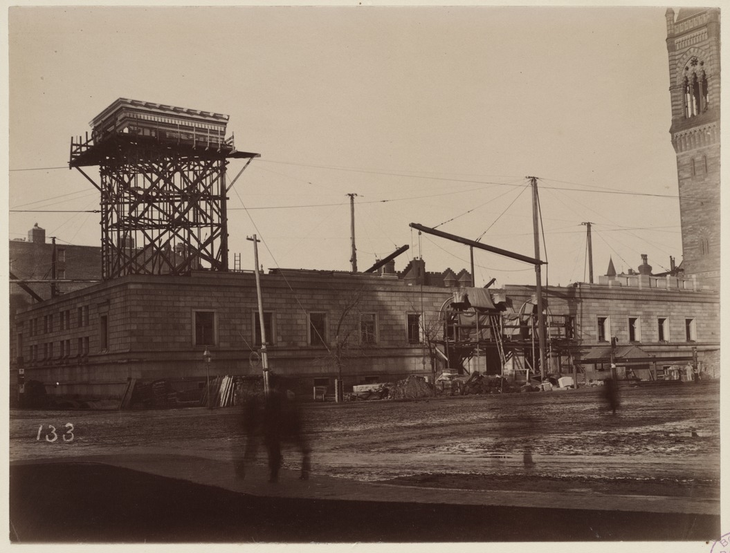 Mock-up of cornice on scaffolding, construction of the McKim Building.