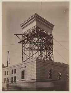 Mock-up of cornice on scaffolding, construction of the McKim Building.