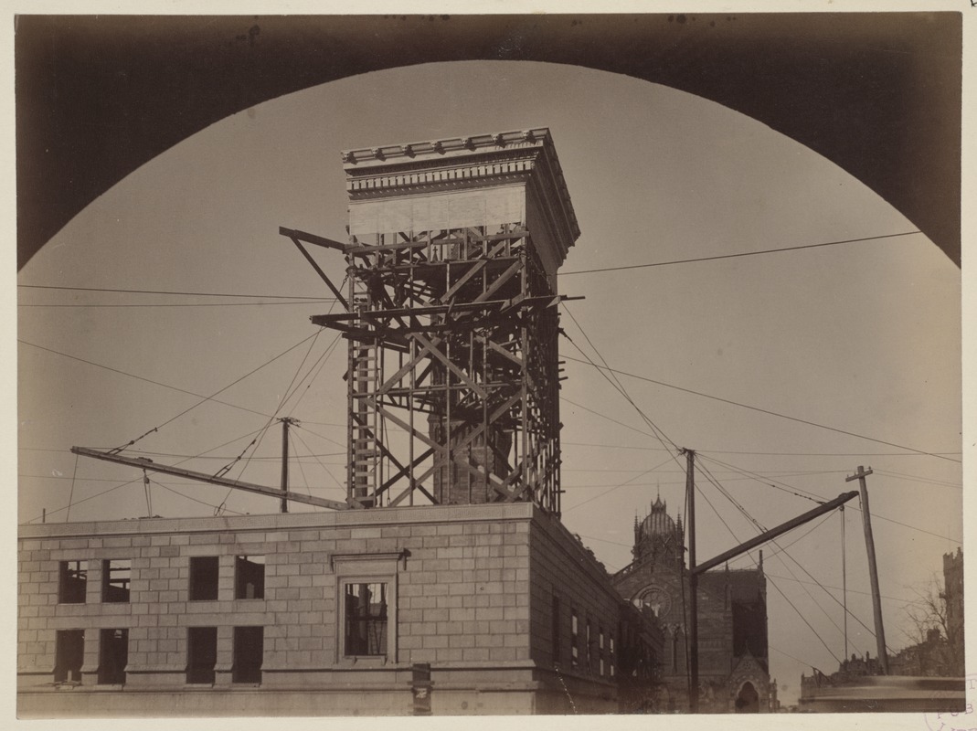 Mock-up of cornice on scaffolding, construction of the McKim Building.