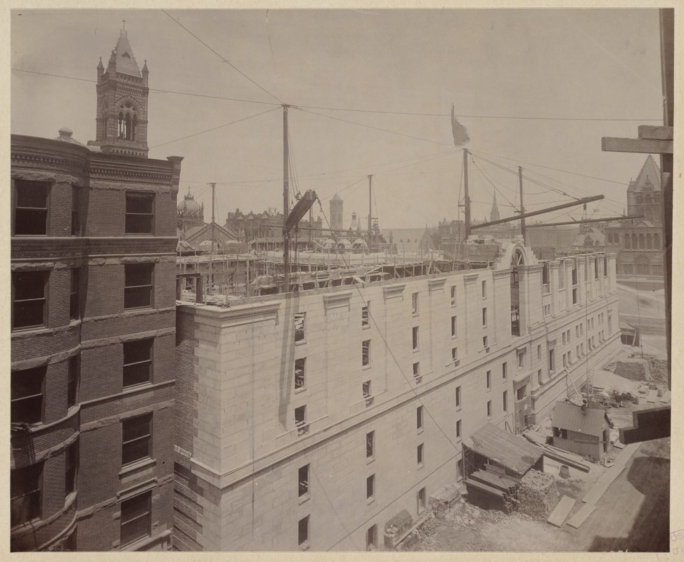 View of Blagden St. side exterior wall, construction of the McKim Building