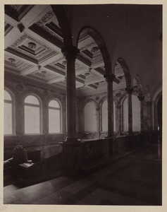 View of south side Saint-Gaudens lion and courtyard windows, Grand Staircase, construction of the McKim Building