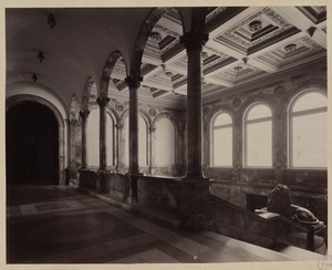 View of north side Saint-Gaudens lion and courtyard windows looking towards southeast, Grand Staircase, construction of the McKim Building