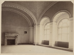 Music library showing fireplace and two of 3 arched windows, looking southwest, construction of the McKim Building
