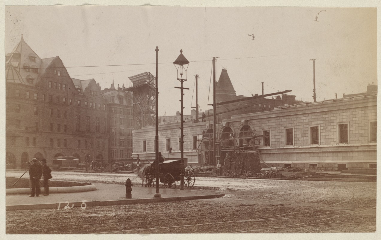 Mock-up of cornice on scaffolding, construction of the McKim Building.